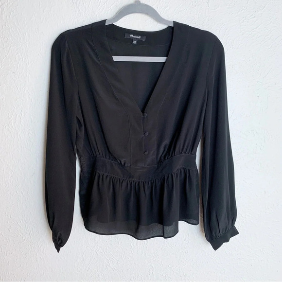 Madewell Silk V-Neck Peplum Top Black Sz XXS - Picture 2 of 5